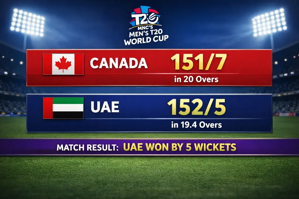 UAE Defeat Canada in ICC Men’s T20 World Cup Thriller, Chase Down 151 with Two Balls to Spare