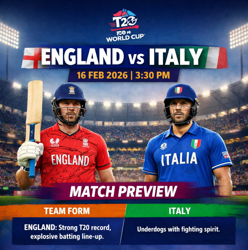 The ICC Men’s T20 World Cup continues to heat up as England prepares to face Italy on 16 February 2026 at 3:30 PM. With both teams eager to secure crucial